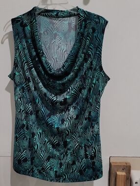 Worthington Teal and Black Zebra Print Cowl Neck Sleeveless Top